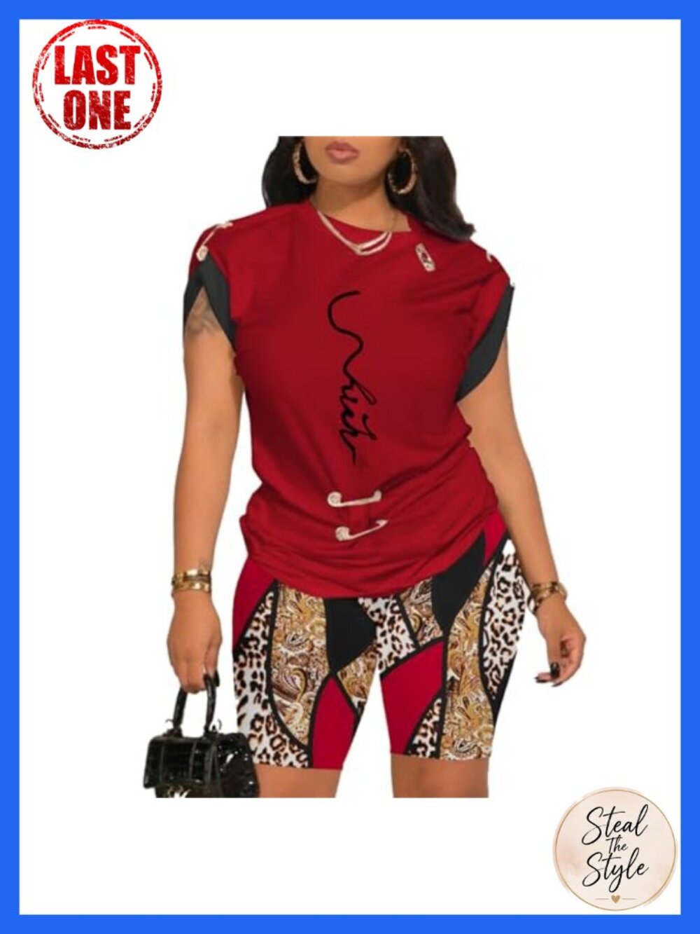 Women Two Piece Set Printed Round Neck Tee & Elastic Shorts Casual Loose